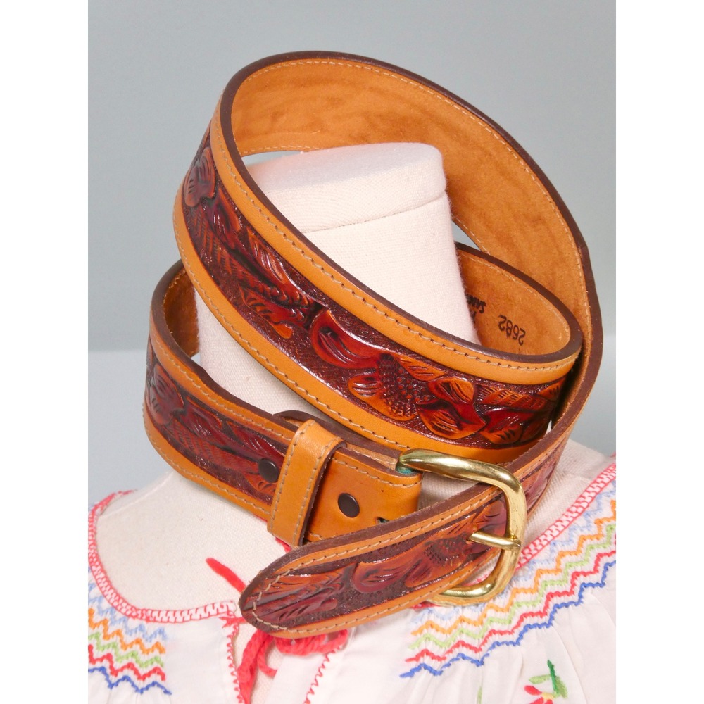 Vintage 1970s Top Grain Leather Belt Tooled Floral 70s Boho Hippie Retro Large